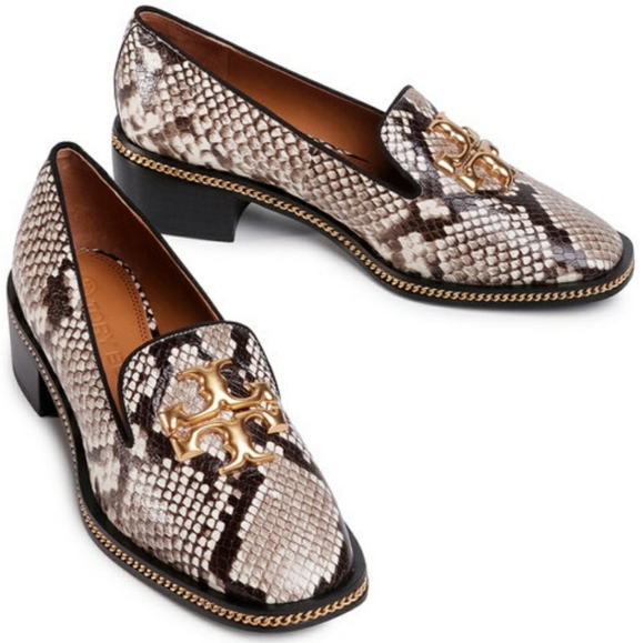 Tory Burch Freya Mid-Heel Embellished Snake-effect Leather Loafers